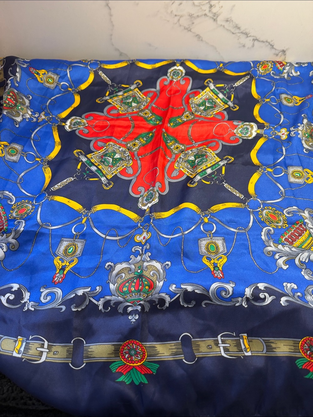 Elegant Blue and Red Patterned Silk-Feel Scarf